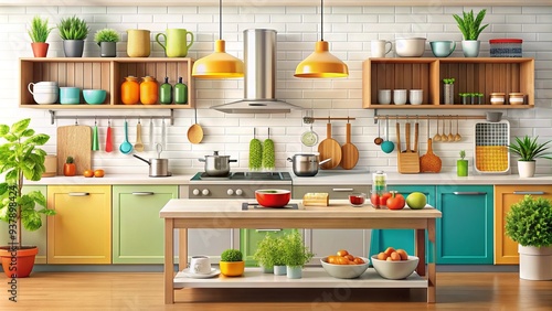 A colorful, stylized illustration of a modern kitchen counter with utensils, appliances, and ingredients, set against a clean white background, perfect for culinary designs.