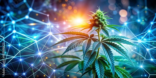 Wallpaper Mural Vibrant cannabis plant stands amidst glowing chemical structures, representing breakthroughs in medical marijuana research and the innovative pursuit of therapeutic potencies and treatment options. Torontodigital.ca