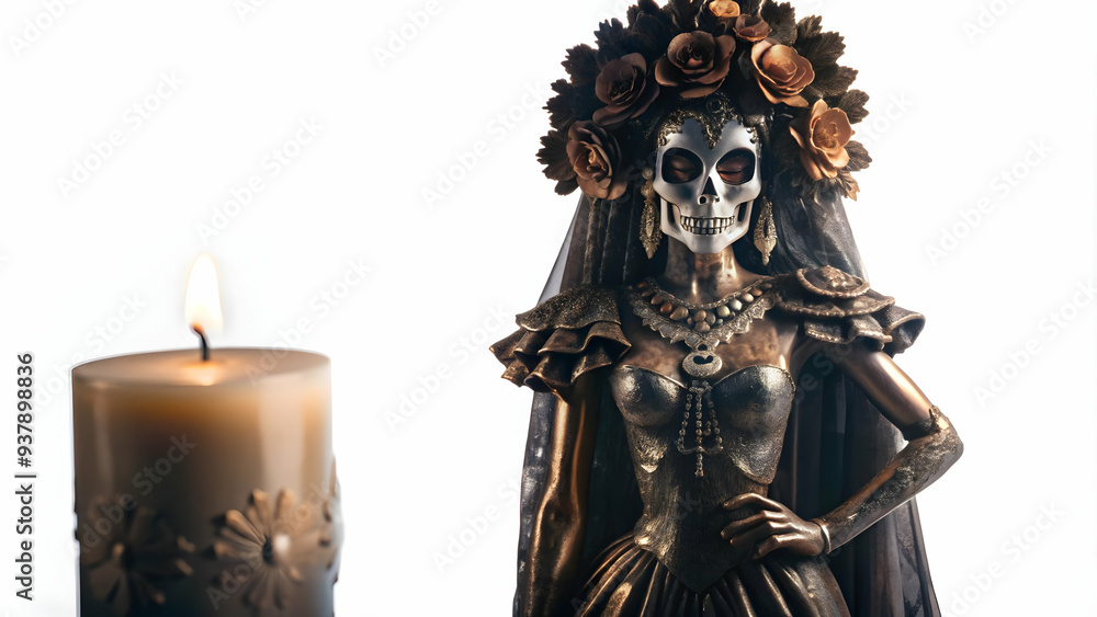 3D Holographic Catrina Figure and Glossy Candle concept as Wide shot of a holographic Catrina figure standing beside a glossy candle isolated on a white background offering a striking Dia de Muertos t 3D Holographic Catrina Figure and Glossy Candle concept as Wide shot of a holographic Catrina figure standing beside a glossy candle isolated on a white background offering a striking Dia de Muertos t