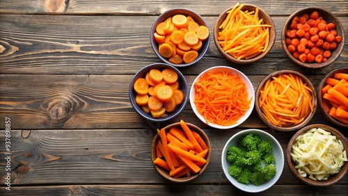 Different cuts of carrot in bowls on wooden background, carrots, vegetable, food, fresh, organic, healthy, ingredient