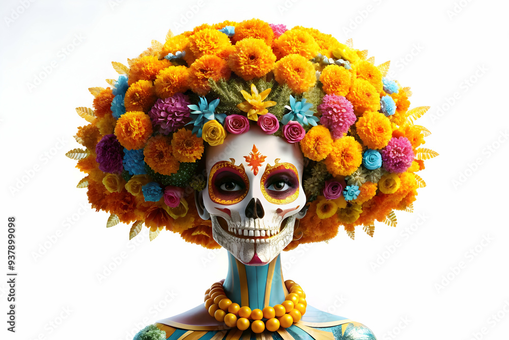 3D Holographic Catrina with Glossy Marigold Crown concept as Wide shot of a holographic Catrina figure wearing a glossy marigold crown isolated on a white background offering a striking and colorful D 3D Holographic Catrina with Glossy Marigold Crown concept as Wide shot of a holographic Catrina figure wearing a glossy marigold crown isolated on a white background offering a striking and colorful D