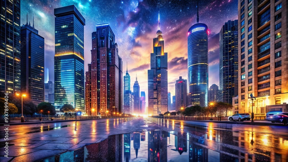 A darkened cityscape at dusk with towering skyscrapers, bustling streets, and neon lights reflecting off wet pavement, under a vibrant starry night sky. A darkened cityscape at dusk with towering skyscrapers, bustling streets, and neon lights reflecting off wet pavement, under a vibrant starry night sky.