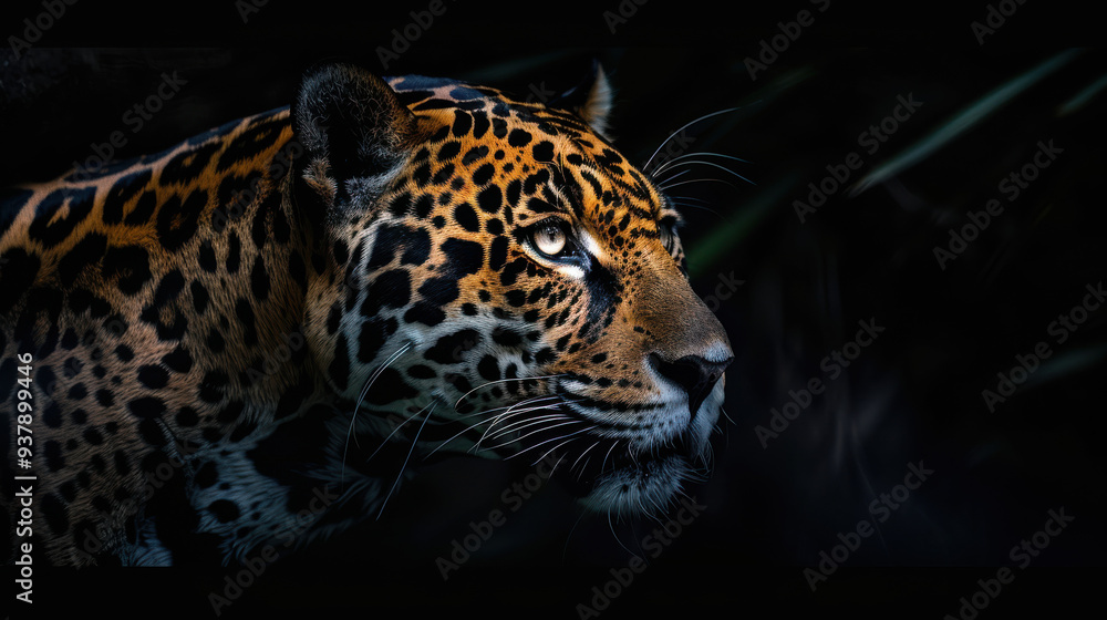 A dramatic portrait of a jaguar emerging from the shadows, its eyes piercing through the darkness, with just the right side of its face and body visible A dramatic portrait of a jaguar emerging from the shadows, its eyes piercing through the darkness, with just the right side of its face and body visible