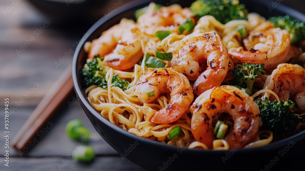 Delicious Shrimp and Broccoli Noodles in Black Bowl Delicious Shrimp and Broccoli Noodles in Black Bowl