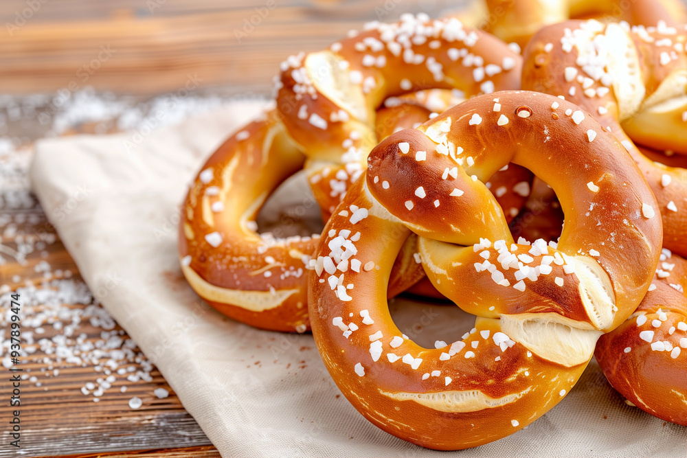 Freshly Baked Pretzels with Coarse Salt Sprinkles on Wooden Table. Delicious Baked Snack Perfect for Sharing and Enjoying Anytime Freshly Baked Pretzels with Coarse Salt Sprinkles on Wooden Table. Delicious Baked Snack Perfect for Sharing and Enjoying Anytime