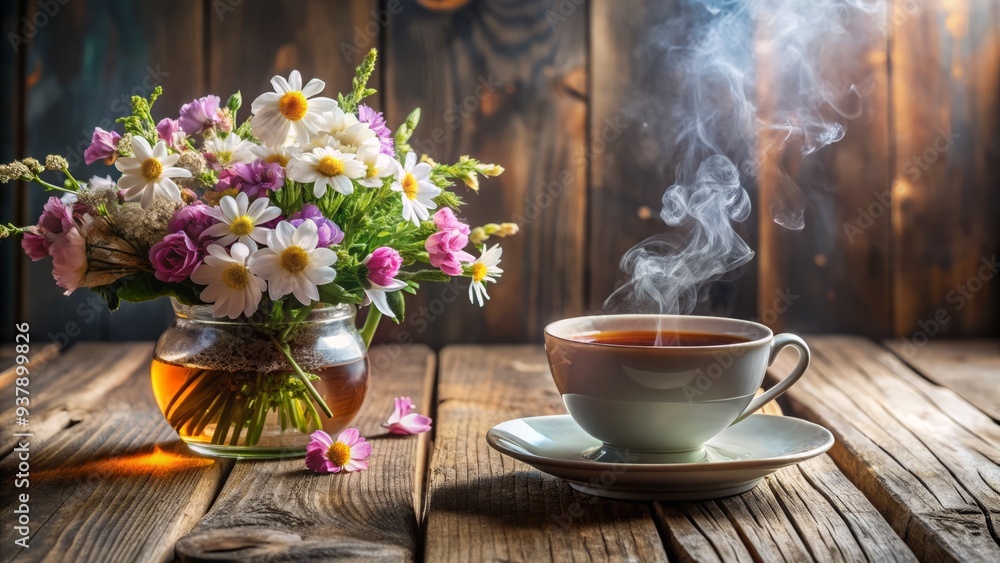 A delicate, steaming cup of tea sits on a rustic wooden table beside a vase of fresh flowers, evoking a sense of cozy afternoon tranquility. A delicate, steaming cup of tea sits on a rustic wooden table beside a vase of fresh flowers, evoking a sense of cozy afternoon tranquility.