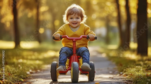 8. A child riding a bright red tricycle in a park, smiling and enjoying the ride photo