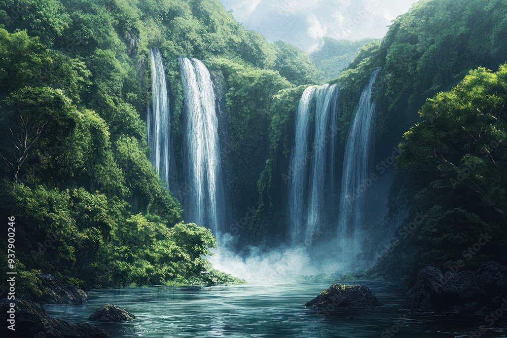 Fototapeta premium A Serene Waterfall Cascading into a Tranquil Pool in a Lush Green Forest