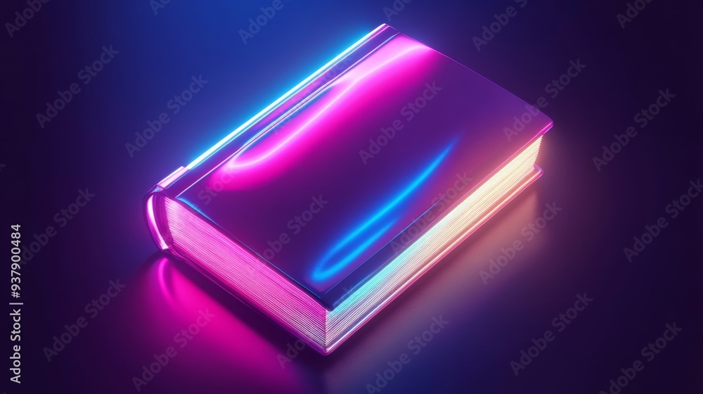 A book with a purple cover is lit up with neon colors A book with a purple cover is lit up with neon colors