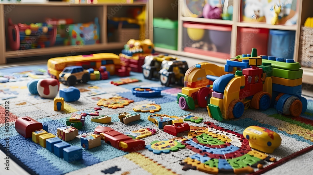 11. A vibrant assortment of educational toys and puzzles on a playroom floor 11. A vibrant assortment of educational toys and puzzles on a playroom floor