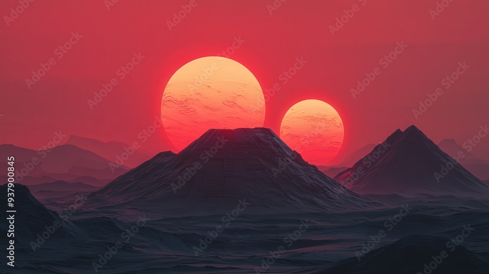 Sci-fi desert landscape, twin suns and alien structures, 3D illustration Sci-fi desert landscape, twin suns and alien structures, 3D illustration