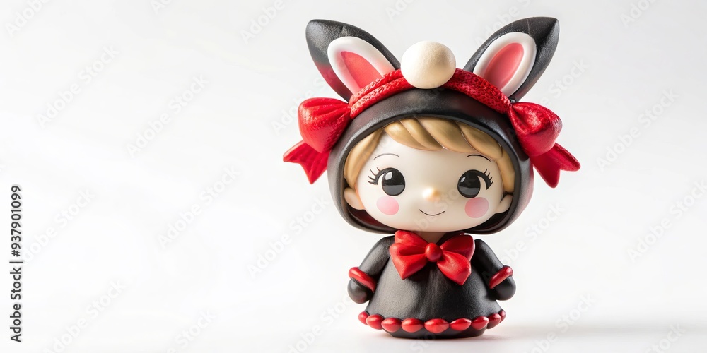 Fototapeta premium Adorable bunny girl figurine in a black jester hat and red bow, isolated on a white background, perfect for kids and fans of cute characters.