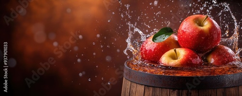 Apple Bobbing in a wooden barrel, with fog rolling around, warm amber tones and cool mist, realistic water splash and apple texture