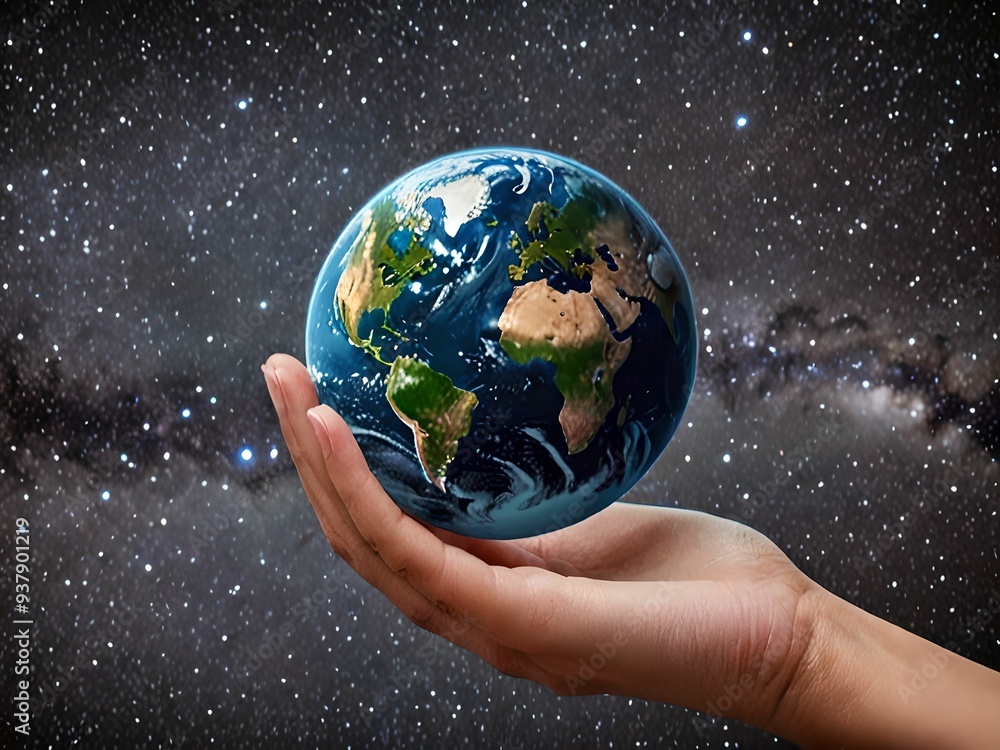 Planet Earth in the palm of a woman's hand against the background of the starry sky. Planet Earth in the palm of a woman's hand against the background of the starry sky.