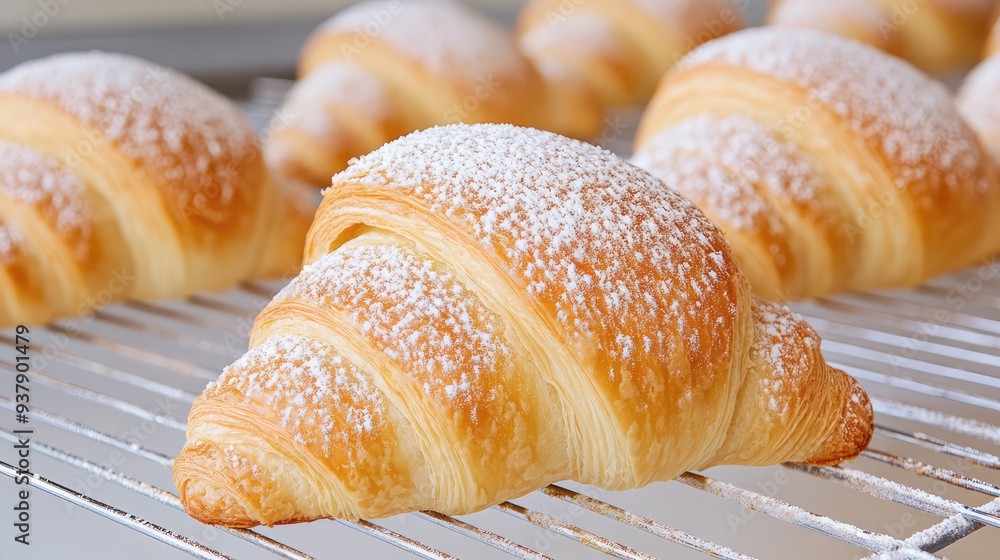A mouth-watering image of a perfectly baked croissant resting on an oven rack, showcasing its crisp, flaky layers and dusted lightly with powdered sugar. A mouth-watering image of a perfectly baked croissant resting on an oven rack, showcasing its crisp, flaky layers and dusted lightly with powdered sugar.