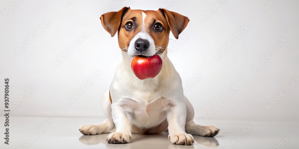 Adorable Jack Russell Terrier sitting upright on a pristine white background, proudly holding a fresh red apple in its mouth with an eager expression. Adorable Jack Russell Terrier sitting upright on a pristine white background, proudly holding a fresh red apple in its mouth with an eager expression.