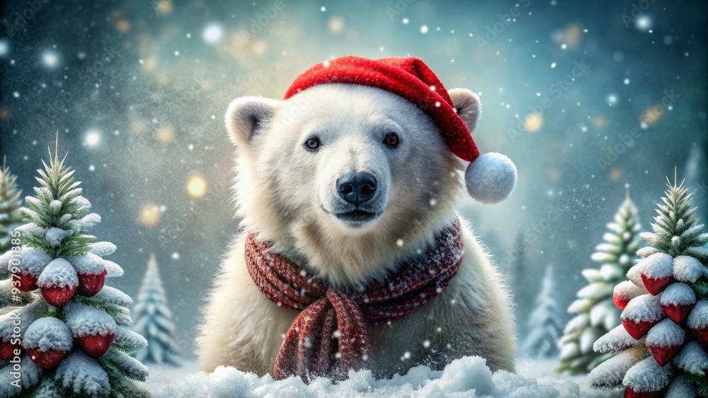 Adorable polar bear wearing Santa hat and scarf, surrounded by snowflakes and pinecones, celebrates festive holiday season in merry arctic winter wonderland scene. Adorable polar bear wearing Santa hat and scarf, surrounded by snowflakes and pinecones, celebrates festive holiday season in merry arctic winter wonderland scene.