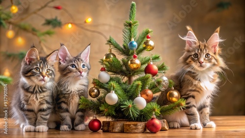 Adorable Maine Coon kittens playfully surround a festive Christmas tree adorned with ornaments and rabbit figurines, exuding warmth and joy of the holiday season. photo