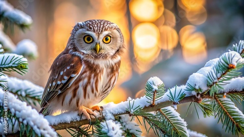 Adorable saw-whet owl perches on a snowy branch, bright yellow eyes gleaming, surrounded by frosty pine needles and soft winter twilight ambiance. photo