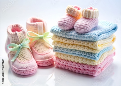 Adorable tiny knitted shoes and a stack of pastel-hued baby clothes on a clean white background, symbolizing the joy and magic of newborn baby girl's arrival.