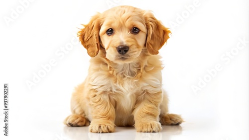 Adorable yellow puppy with floppy ears and curly tail sits alone on a plain white background, looking directly at the camera with big brown eyes.