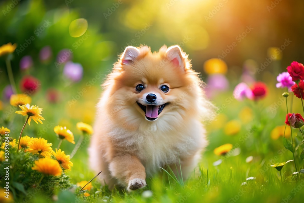 Adorable young red Pomeranian Spitz puppy plays exuberantly on a sunny summer day, surrounded by lush green grass and vibrant blooming flowers. Adorable young red Pomeranian Spitz puppy plays exuberantly on a sunny summer day, surrounded by lush green grass and vibrant blooming flowers.