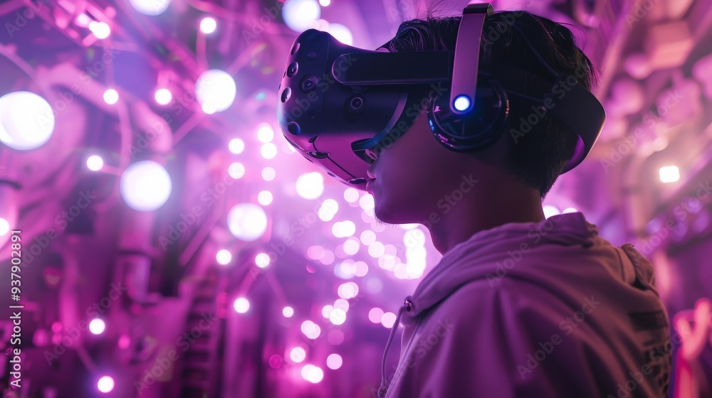 Man wearing VR headset in a neon lit space. Man wearing VR headset in a neon lit space.
