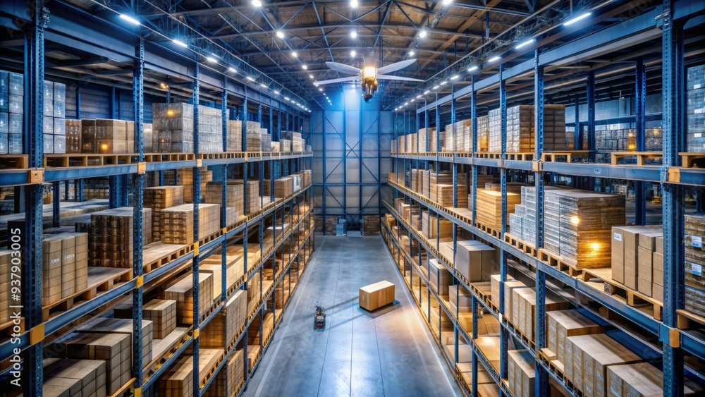 Aerial view of a large, dimly lit warehouse with rows of shelves and crates, illuminated by LED lights, with a drone flying overhead, surveying inventory. Aerial view of a large, dimly lit warehouse with rows of shelves and crates, illuminated by LED lights, with a drone flying overhead, surveying inventory.
