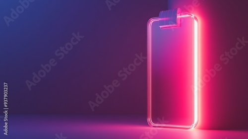 A phone is reflected in a neon light