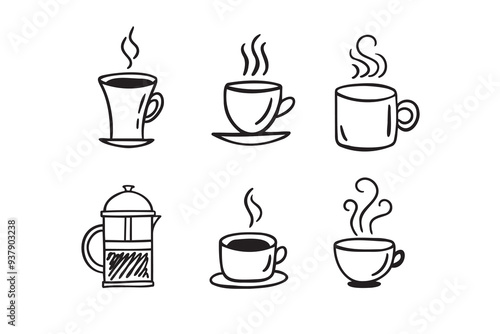 Hand drawn hot drinks set. Doodle coffee cups white background. Coffee, tea, cappuccino, espresso, latte, americano, hot chocolate