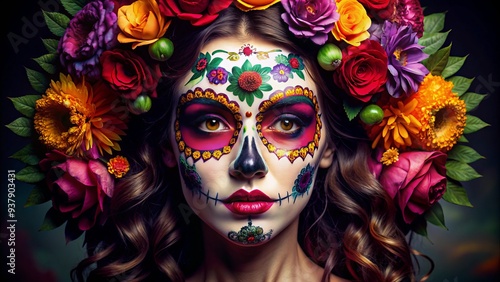 A Female Face Adorned With Intricate "Sugar Skull" Make-Up And Flowers, Symbolizing The Mexican Day Of The Dead Tradition.