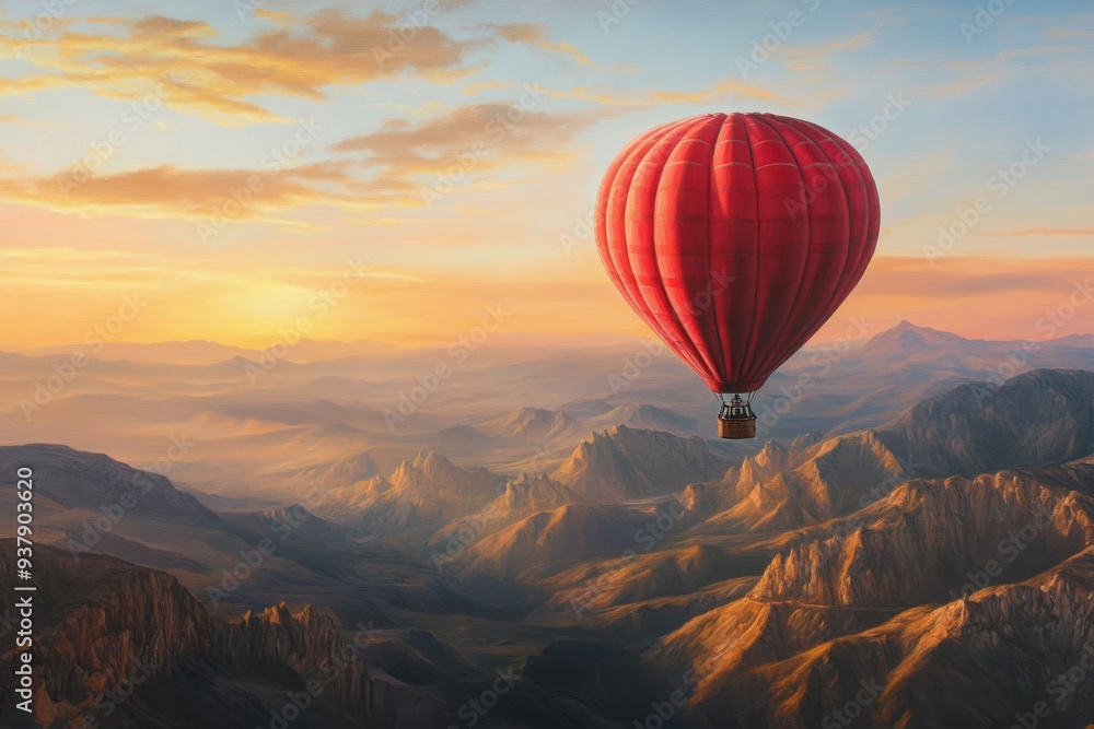 Fototapeta premium Red Hot Air Balloon Soaring Over Mountainous Landscape at Sunset