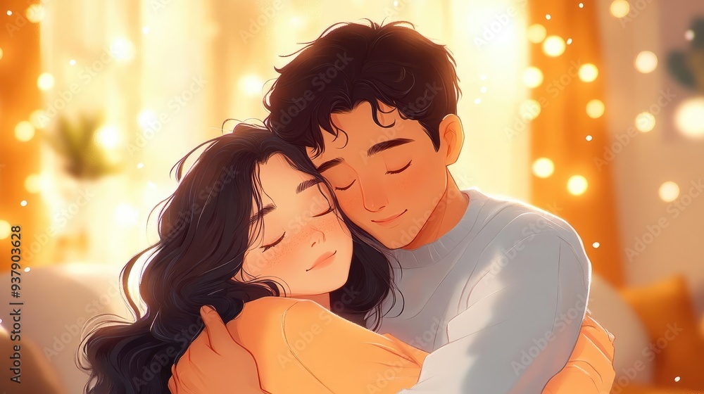 Hug Giving with closed eyes, soft warm light with gentle shadows, realistic embrace and clothing details Hug Giving with closed eyes, soft warm light with gentle shadows, realistic embrace and clothing details