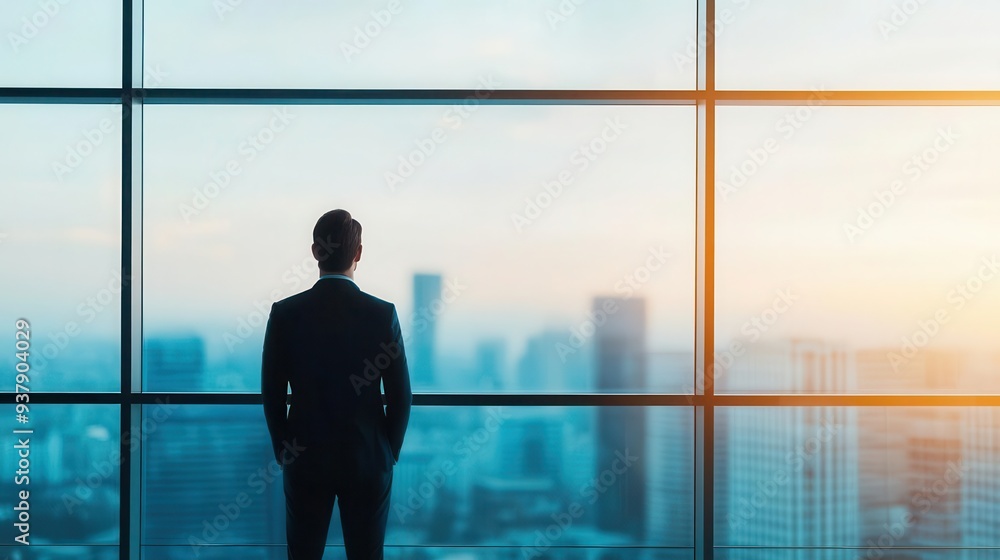 Fototapeta premium A businessman gazes at the city skyline through a large glass window, reflecting ambition and the pursuit of success.