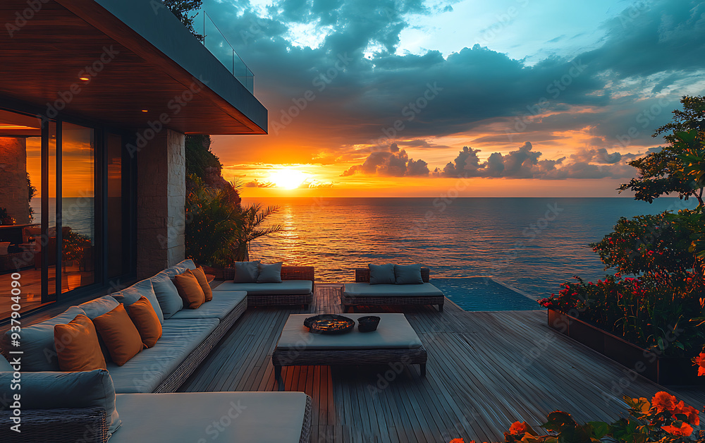 Fototapeta premium Outdoor Terrace: Comfortable Deck Furniture & Sunset Water View