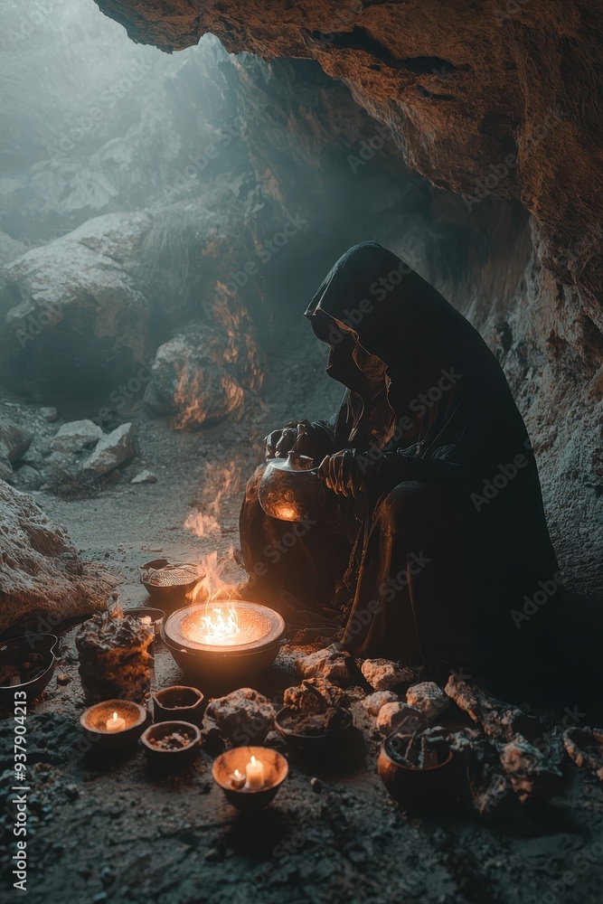 Fototapeta premium Mysterious hooded figure in a cave with fire and candles