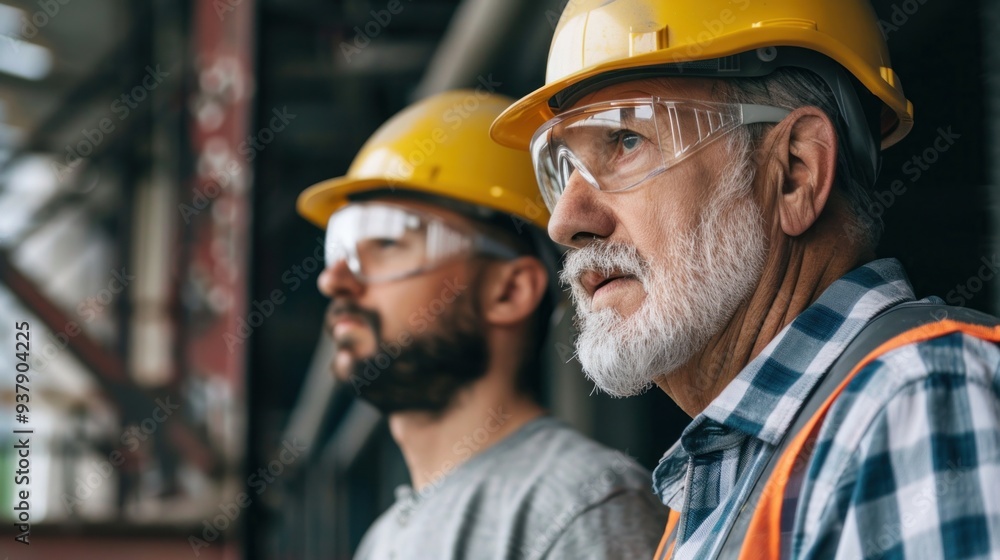 Two Men Wearing Hard Hats and Safety Glasses, Standing Two Men Wearing Hard Hats and Safety Glasses, Standing
