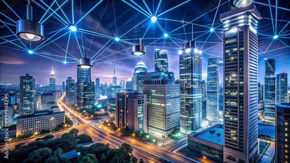 Obraz premium A futuristic cityscape at night with sleek skyscrapers and neon lights, overlaid with a network of surveillance cameras and wires, evoking a sense of technological oversight.
