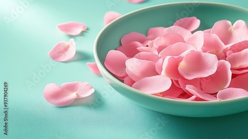 Petal Scattering on a dinner table, soft pastel tones with gentle shadows, detailed petal and table textures