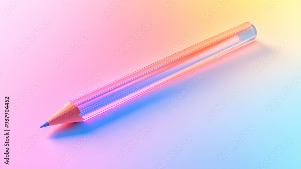 A pencil is shown in a glass case with a rainbow background A pencil is shown in a glass case with a rainbow background