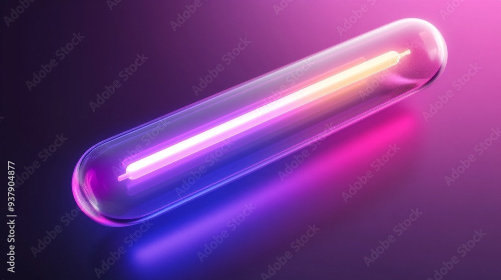 A glowing, neon colored object is shown in a purple background A glowing, neon colored object is shown in a purple background