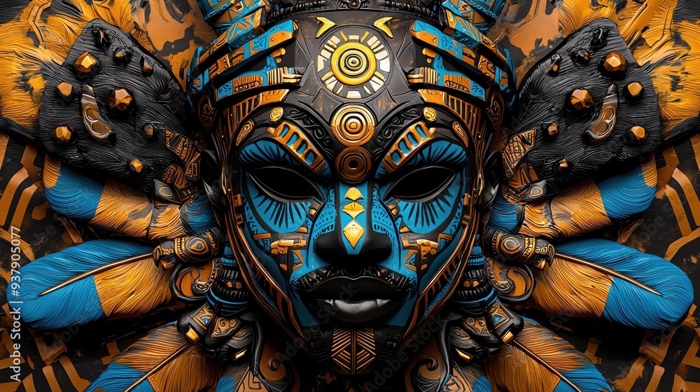 Obraz premium A stunning face adorned with vibrant blue and orange paint, featuring intricate patterns and rich cultural symbolism.