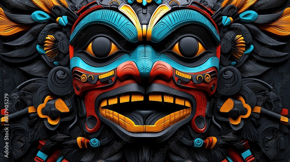 Vibrant mask with intricate details, showcasing bold colors and artistic craftsmanship in a captivating design. Vibrant mask with intricate details, showcasing bold colors and artistic craftsmanship in a captivating design.