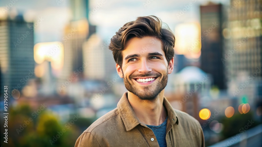 Fototapeta premium A happy and confident young man with a bright and infectious smile, standing against a blurred city background, exuding warmth and friendliness.