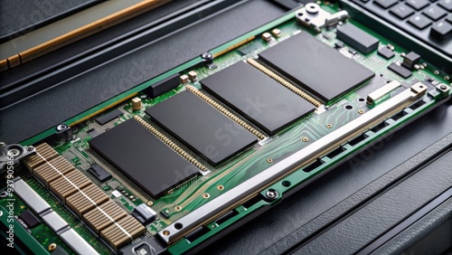 A high-performance NVMe solid-state drive is inserted into a modern laptop's expansion slot, surrounded by circuits and wires, showcasing advanced storage technology. photo