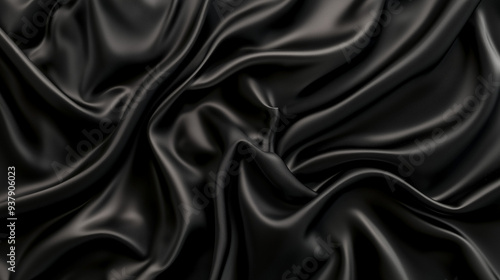 A top view of black satin fabric reveals a dark silk background with elegant folds, showcasing the smooth and luxurious texture of the material. The black satin is ideal for high-end fashion design, o photo