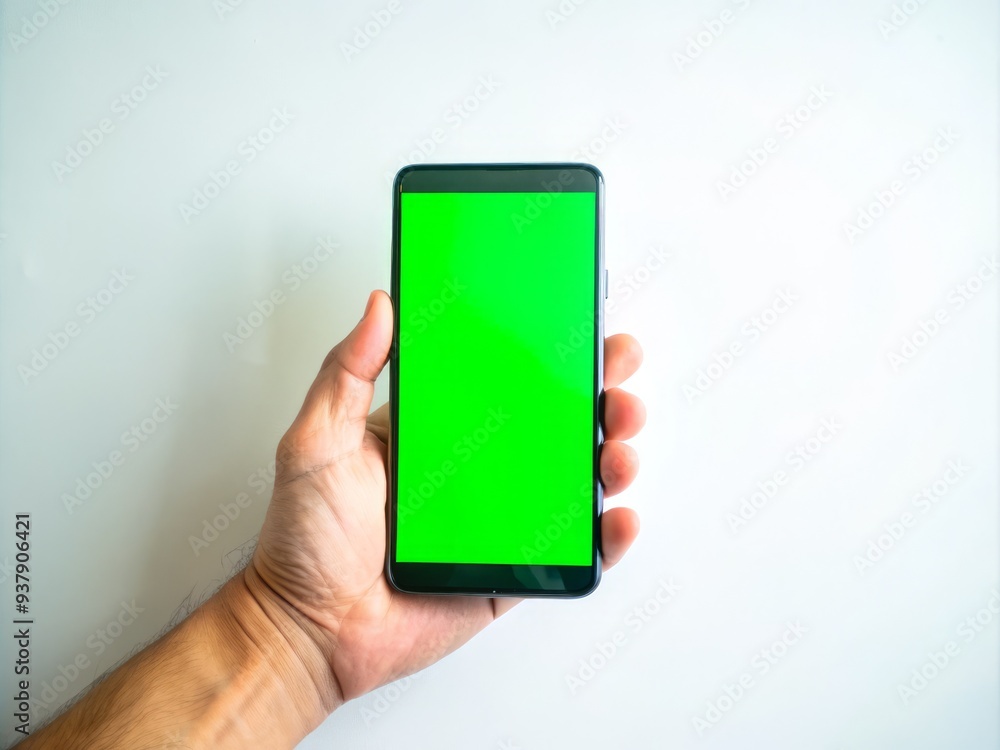 A lone right hand cradles a modern smartphone with a vibrant green screen, standing out against a pristine white background, awaiting creative editing. A lone right hand cradles a modern smartphone with a vibrant green screen, standing out against a pristine white background, awaiting creative editing.