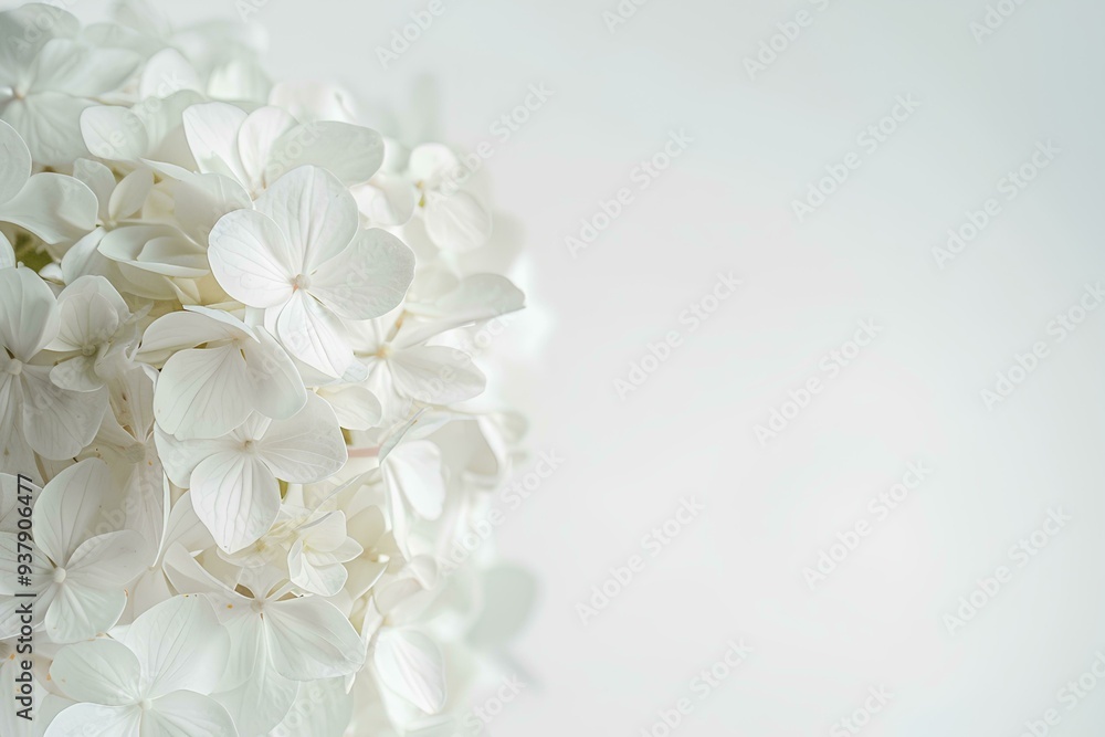 Close up of white hydrangea flowers with blurred background, white color theme, copy space for brand marketing Close up of white hydrangea flowers with blurred background, white color theme, copy space for brand marketing