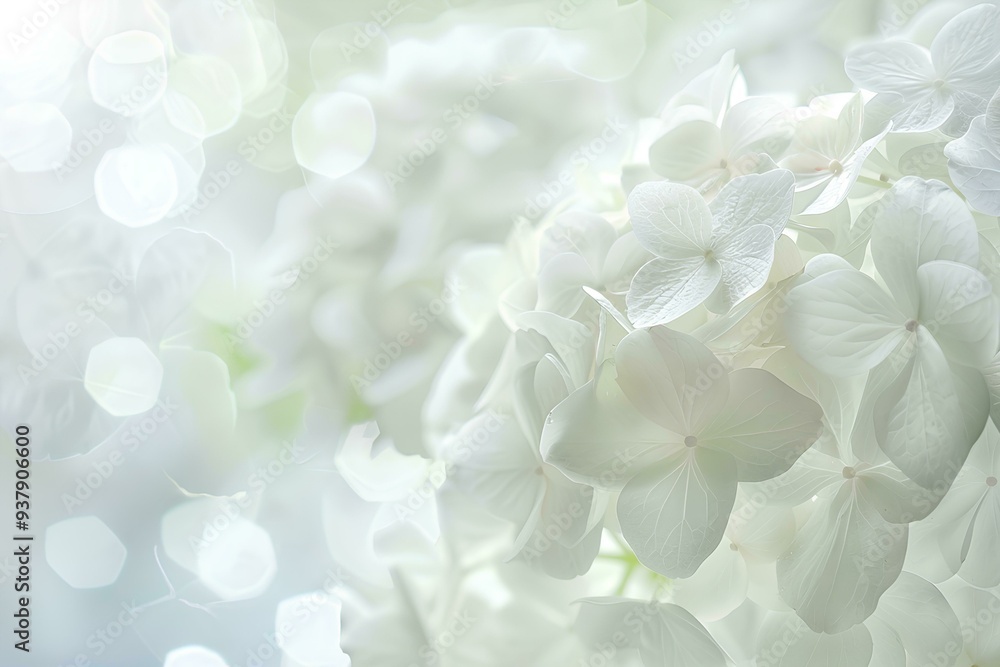 Close up of white hydrangea flowers with blurred background, white color theme, copy space for brand marketing
