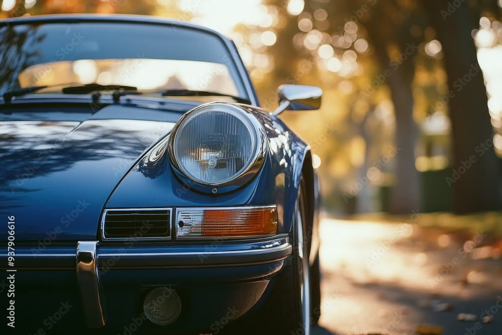 Classic Blue Car's Front Headlight and Front End in Golden Sunlight Classic Blue Car's Front Headlight and Front End in Golden Sunlight